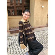 内赫2025喇叭袖修身条纹毛衣针织开衫女秋冬新款女装上衣257172