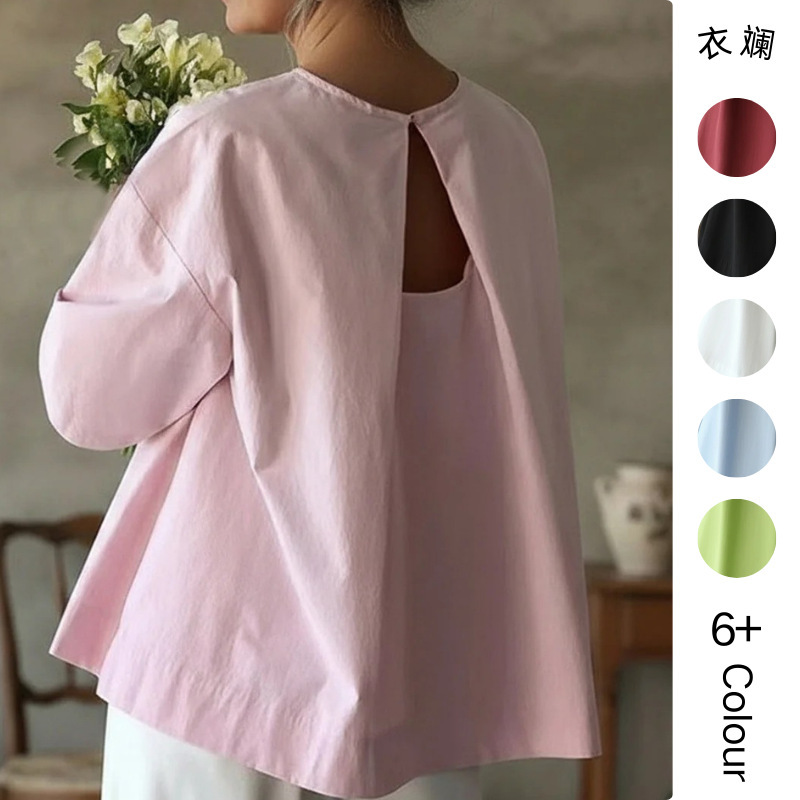 Cross-Border European and American Amazon Fashionable and Elegant Short-Sleeved Tops Spring and Summer Backless Loose Round Neck Shirts Women's Foreign Trade Women's Clothing