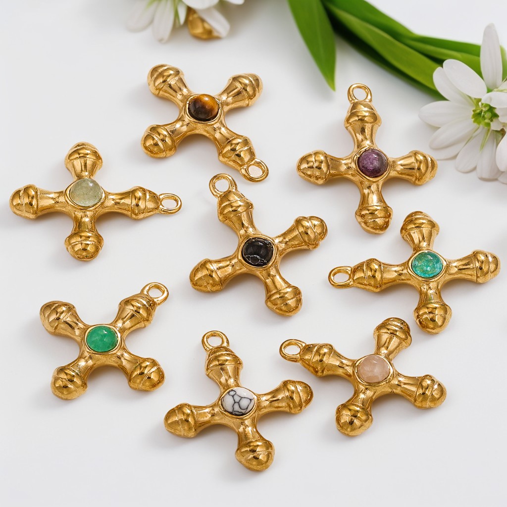 Ins europeo y americano retro lujo ligero natural ojo de tigre cruz colgante DIY titanio acero 18k oro cadena de clavícula