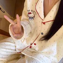 睡衣女春秋空气夹棉可爱卡通kitty凯蒂猫新款少女长袖家居服套装