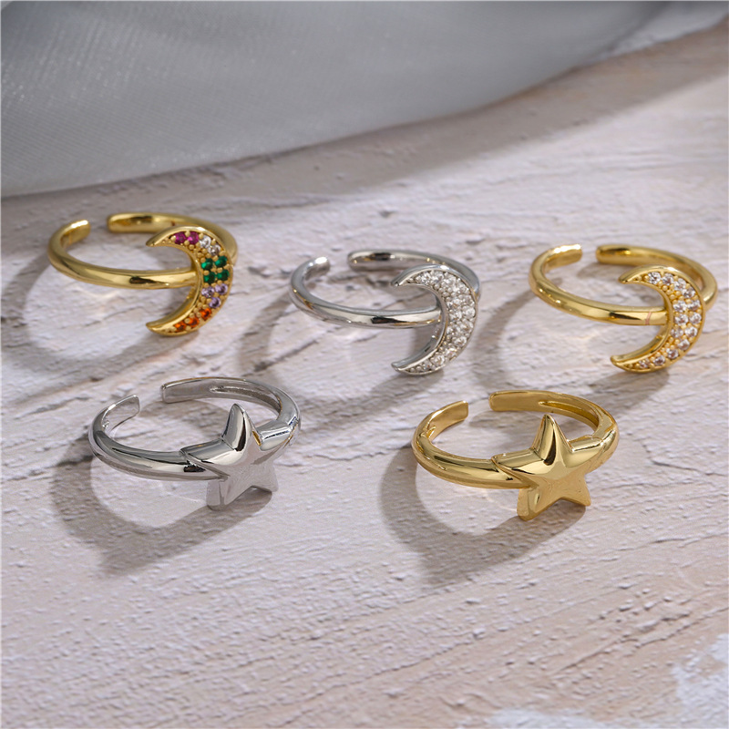 Micro-inlaid Zircon Color Diamond Moon Ring Smooth Star Ring Fashion Open Ring display picture 1