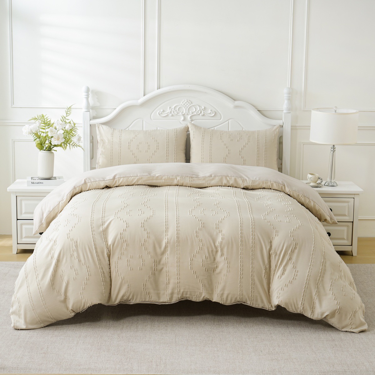 Parure de lit 3 pièces en flanelle brossée à rayures losanges avec taies d'oreiller, infroissable et respirante (beige/blanc, plusieurs tailles)_voghion.com