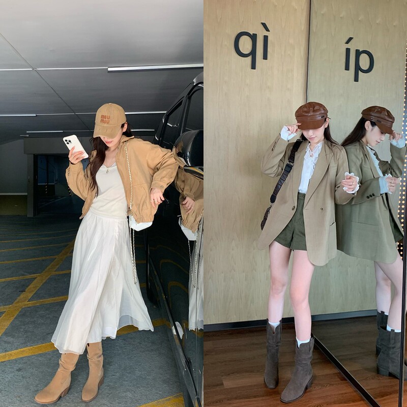 牛皮葡萄妈同款增高8cm韩系圆头V口粗跟显瘦堆堆短靴女西部牛仔靴|undefined