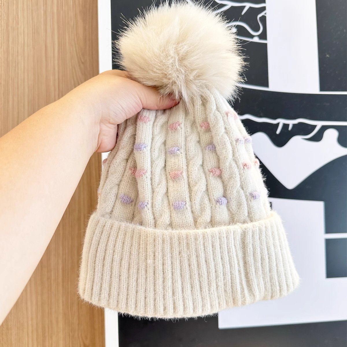 Cappello invernale da uomo e da donna in lana, caldo, spesso, con fodera in pile, alla moda, versatile, all'ingrosso, a pois, in maglia jacquard._voghion.com