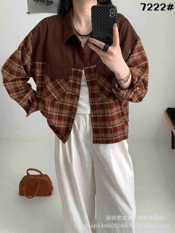 琪镌绘制格子衬衫女秋季韩版新款翻领外穿设计感宽松长袖上衣7222|undefined