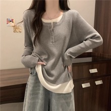 大码女装秋新款胖mm宽松显瘦假两件长袖内搭打底衫