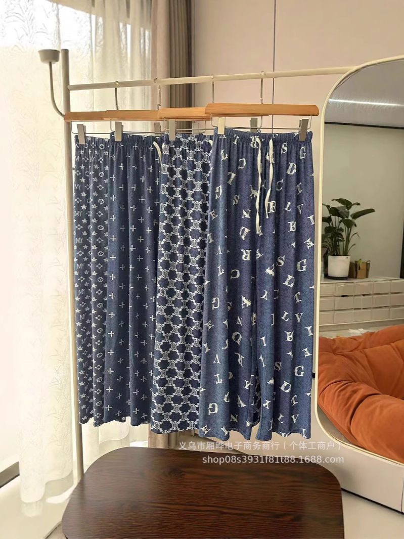 Pantalones anchos de mezclilla de imitación de seda de hielo para mujer, pantalones casuales de impresión fresca de verano 2025, pantalones frescos delgados de cintura alta drapeados image 5