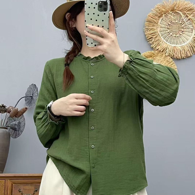 2025 Autumn Shirt Long-Sleeved Double-Layer Yarn Loose Casual Korean Style Preppy Style Shirt Top New Fungus Collar