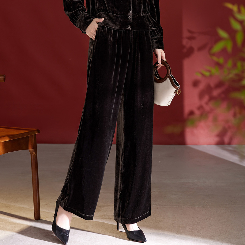 Autumn and Winter New Style Silk Velvet Wide-Leg Pants for Women, High-Waisted, Slimming Look, Large Size Mulberry Silk Straight Casual Pants 1773