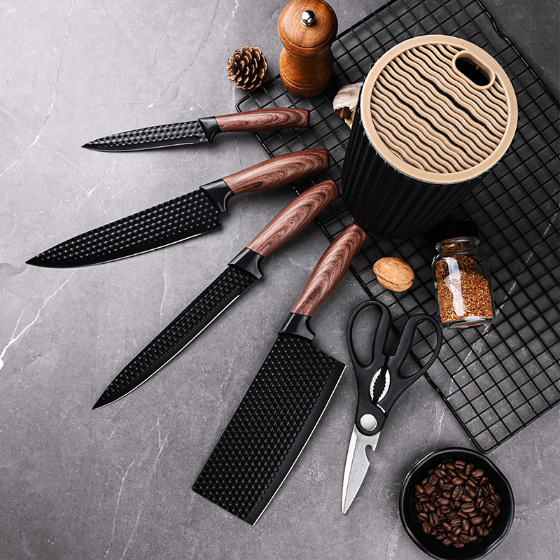 外贸新款厨房刀具套装不粘涂层厨师刀家用菜刀跨境礼品套刀6件套