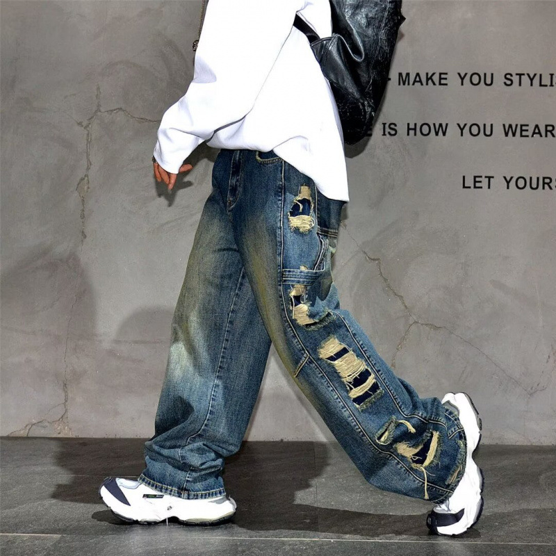 2024 autumn hard high waist washed side big hole wide leg handsome ruffian look thin look old-fashioned jeans