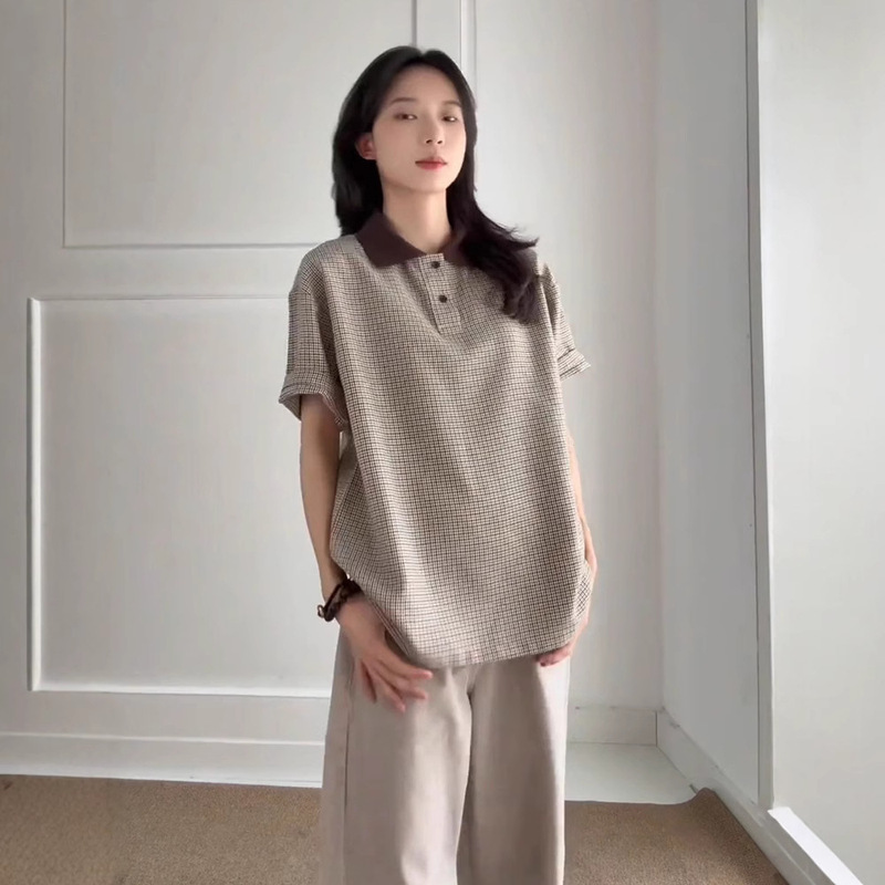 Brown Houndstooth Short-Sleeved Polo Shirt Men's Summer Old Money Style Thin Lapel T-Shirt Cleanfit Retro Half-Sleeve