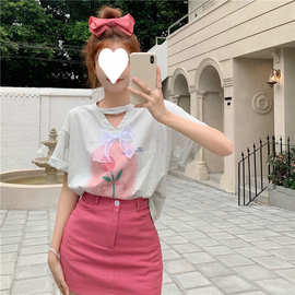 W3T女装腮红短袖T恤女夏季2022年新款可爱学生上衣潮人休闲百搭