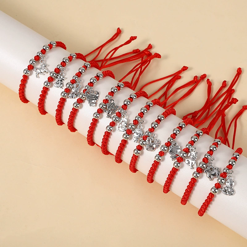 Мода Национальный Стиль 12 Зодиак древний серебряный браслет Изысканная мода красная веревка ручной работы 12 Зодиак браслет