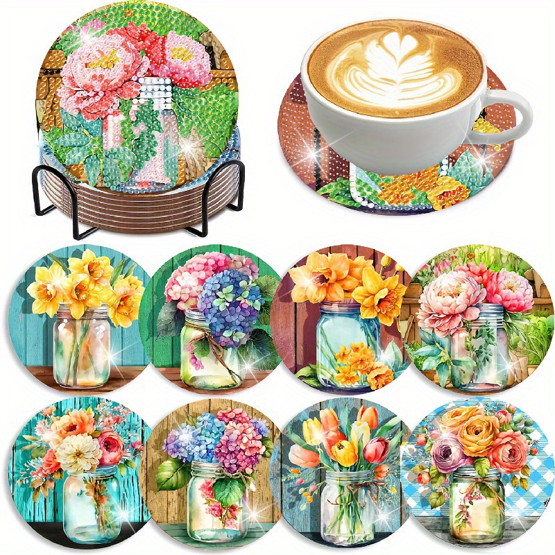 Ventas transfronterizas calientes de 8 piezas de conjunto de cojín de taza de arte de diamante, con soporte, pequeño conjunto de pintura de diamante, adecuado para adultos