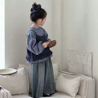 韩系童装26春季新女童韩范格子吊带泡泡袖衬衫牛仔阔腿裤两件套