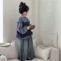 春季格子女童泡泡袖阔腿裤