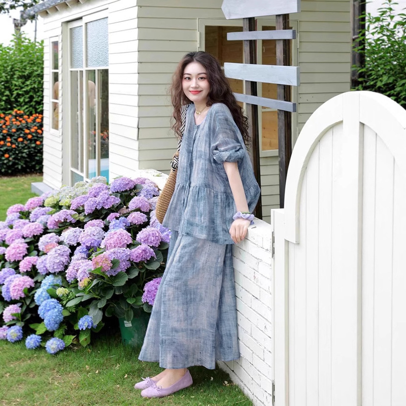 2026 Spring/Summer Two-Piece Set: Ramie Printed Shirt Top and Strap Dress B0423 Long Dress