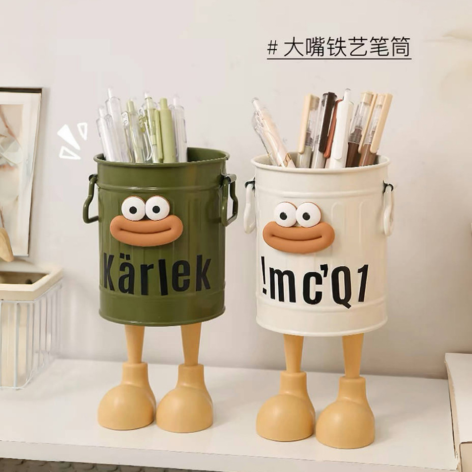 Extrañamente boca grande caja de lápiz de hierro forjado de gran capacidad de escritorio de almacenamiento de estudiantes caja de lápiz de oficina adornos lindos