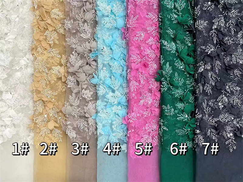 Embroiderado de tubo de perlas delicada tela de decalca hecha a mano, cuentas de burbuja, sequin, bordado de tubo de perlas, vestido de boda, tela