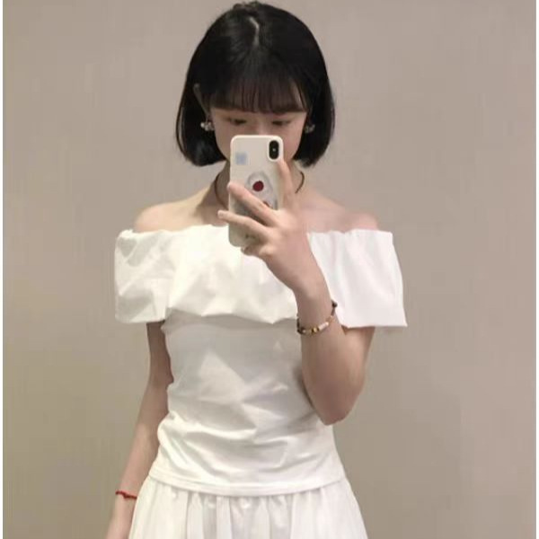 Yeyuan French-style off-shoulder ruffle short T-shirt for women, summer waist-cinching pure desire style off-shoulder sexy slim-fit top