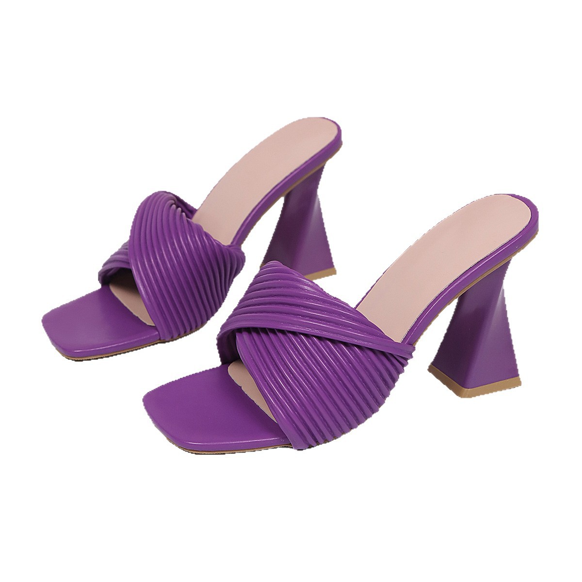 Zapatos de comercio exterior de tacones altos de verano 2026 tacones gruesos cuadrados de dedos abiertos de moda europea y americana zapatillas de gran tamaño para mujeres image 6