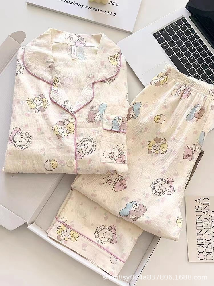 Dolce niña encantadora caricatura perro impresión pijama mujer primavera y otoño nuevo suelto pantalones largos de mangas largas set de ropa para el hogar