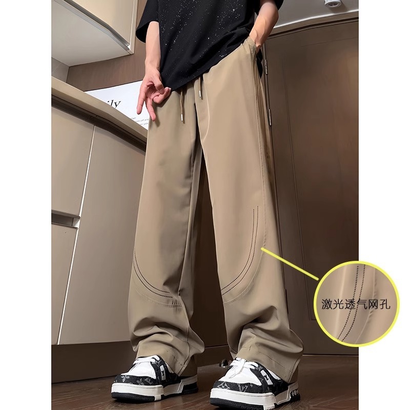 ウッドペッカーレーザー通気性メッシュドレープアイスシルクパンツメンズ夏薄いルーズストレートワイドレッグカジュアルパンツ|undefined