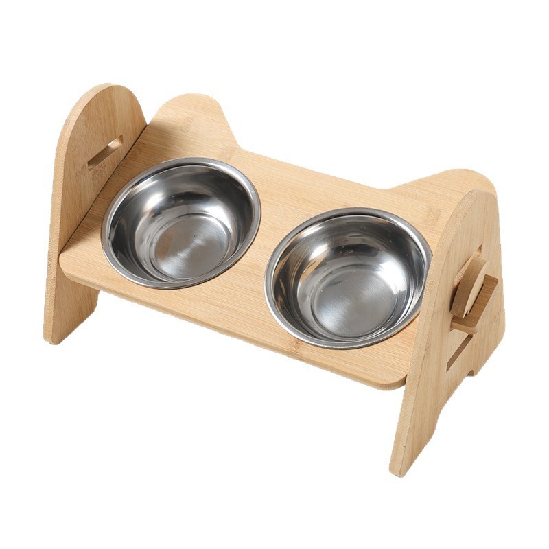 bambú ajustable tronco viento doble tazón gato cubierta de cuello de madera sólida anti-volquear gato y perro universal agua potable alimentación cubierta de tazón