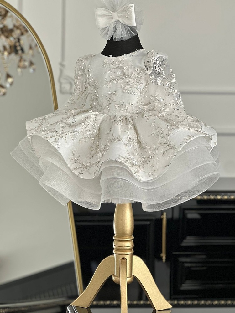 Mutter & Kind Mädchen Langarm Prinzessinnenkleid Silbergrauer Tüll Handappliziertes Blumenmuster Festliches Kleid für Kleinkinder_voghion.com