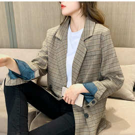 好质量 格子西装外套女韩版宽松2025春秋新款复古小西服韩国上衣