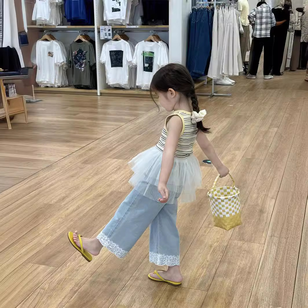 Children's Korean Style Vest, Yellow Striped Vest, Mesh Skirt, Lace Jeans (Clearance Sale, No Returns or Exchanges)