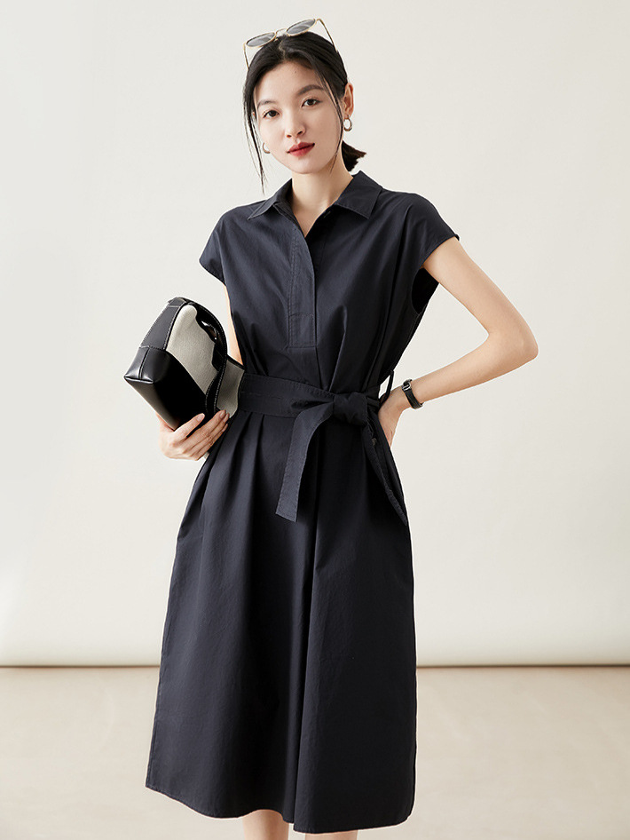 Đầm suông midi cổ polo tay ngắn phong cách Pháp — đen