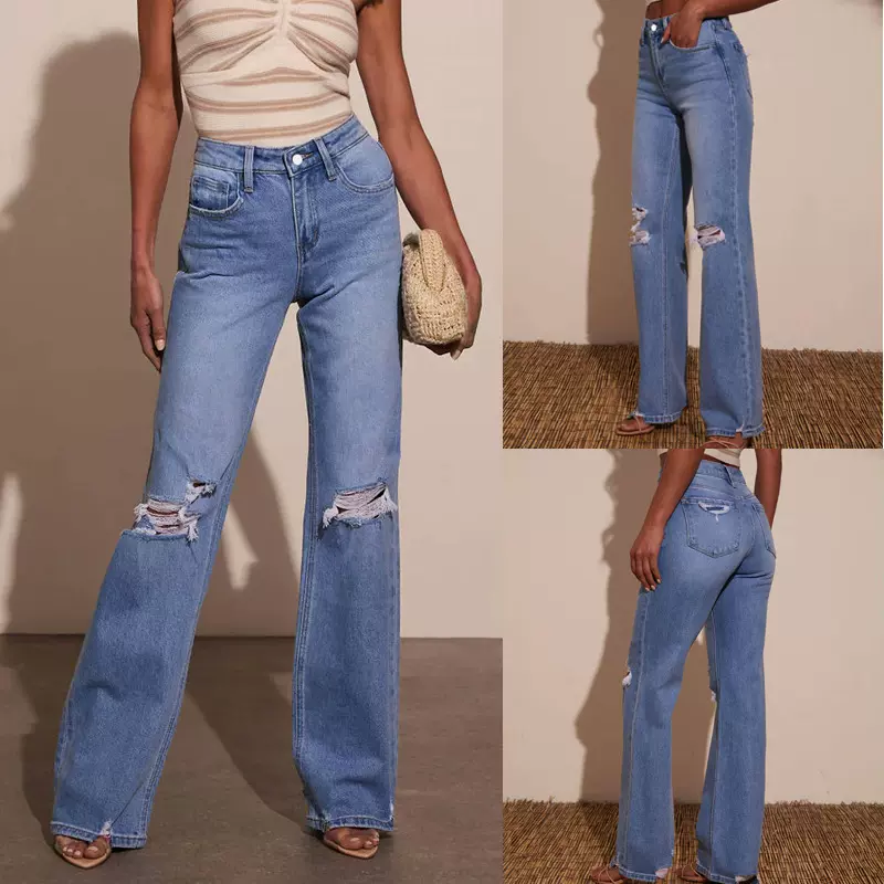 欧美跨境牛仔裤女2025新款热销破洞磨烂弹力直筒裤时尚水洗牛仔裤