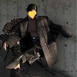 2026年冬季新款中长款美式上衣竖纹西装领羽绒服女小众宽松外套