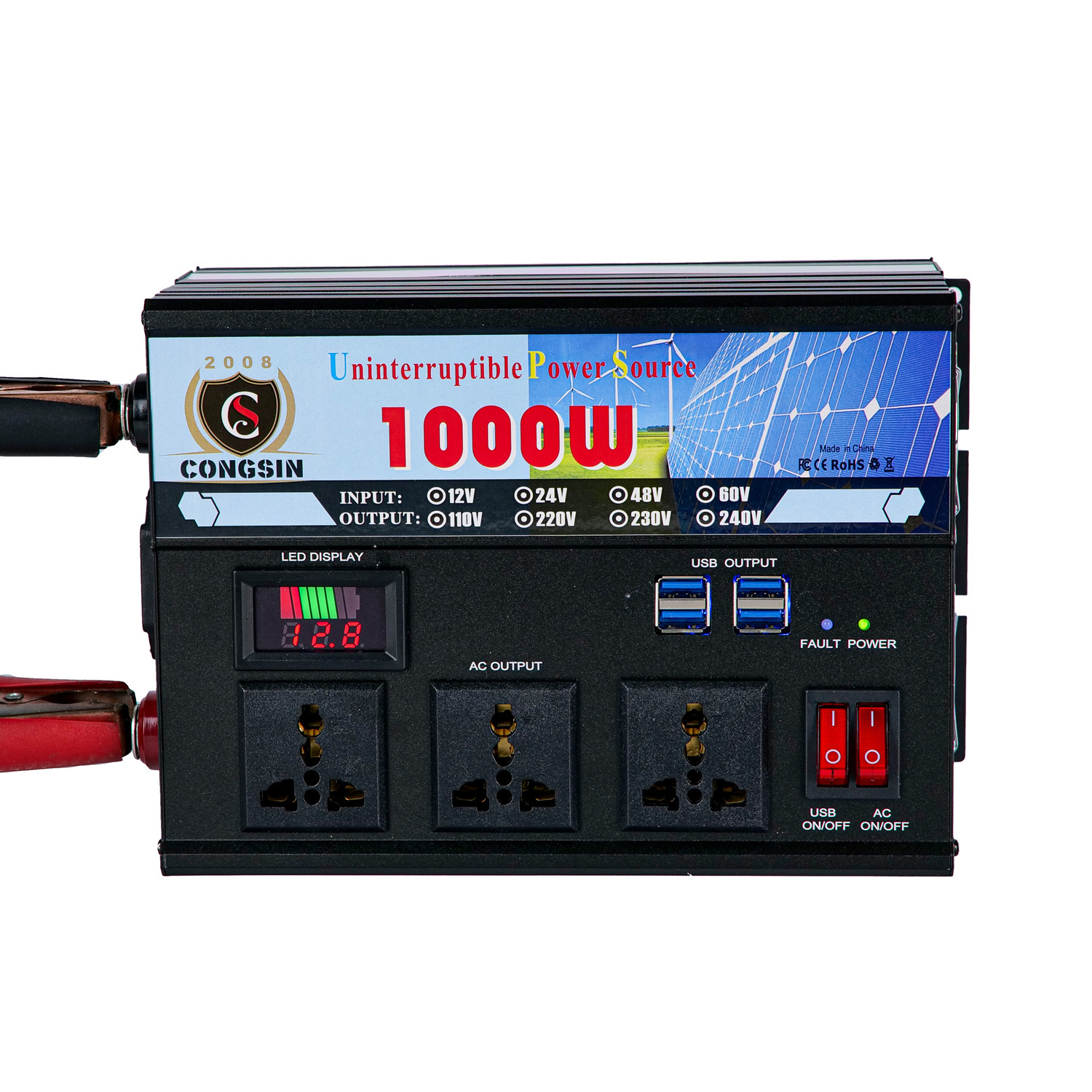 2022新品 1000W修正波UPS功能逆变器 LED显示屏+4USB+3AC输出插座