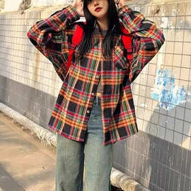 春秋款长袖格子衬衫外套女韩范新款美式复古休闲宽松衬衣外穿上衣