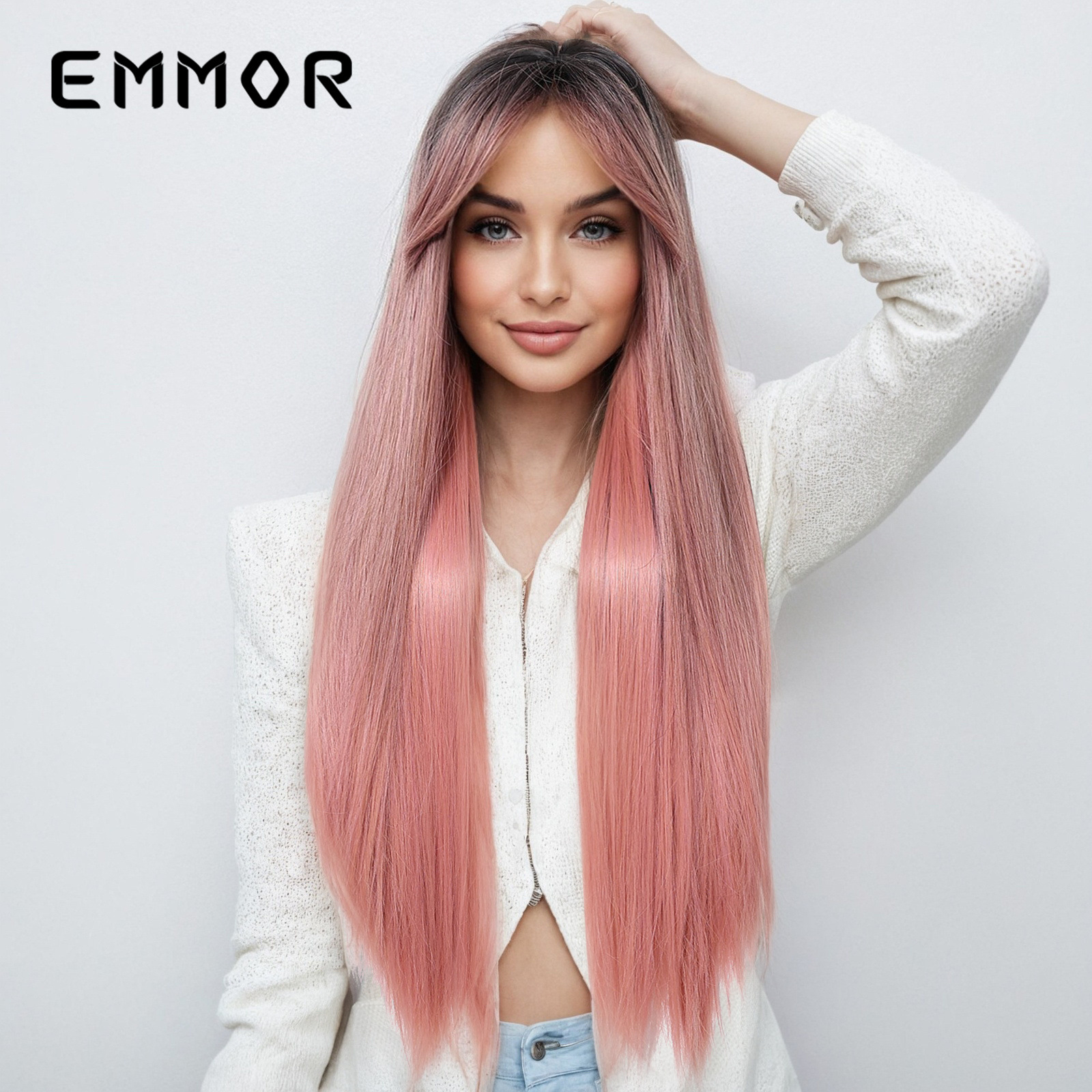 Peluca tipo de cabello completo europeo y americano transfronterizo de ocho caracteres flequillo degradado rosa temperamento natural cabeza alta cabello largo y liso wigs