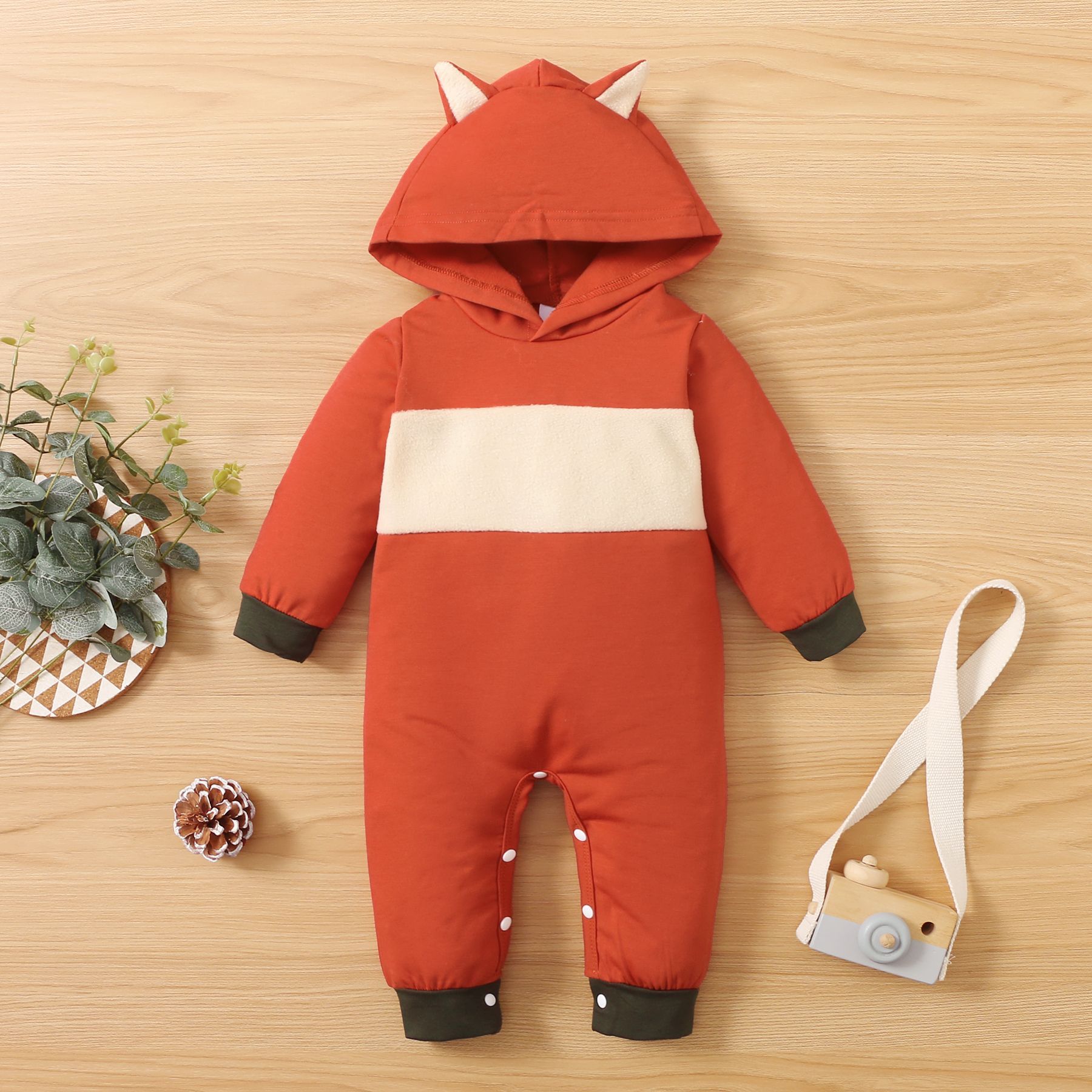 Winter Long-sleeved Fox Ears Hooded Stitching Long-sleeved Jumpsuit Baby Clothing display picture 3