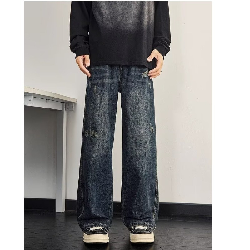 Men's Washed Vintage High Street Jeans Distressed Denim Loose Straight-Leg Fit Streetwear Style Blue S-3XL_mkmklike.com