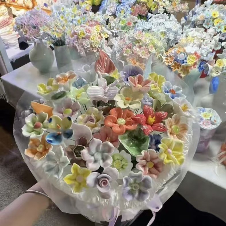 景德镇陶瓷花手工高温瓷办公室桌面摆件混搭多色花店永生花批发
