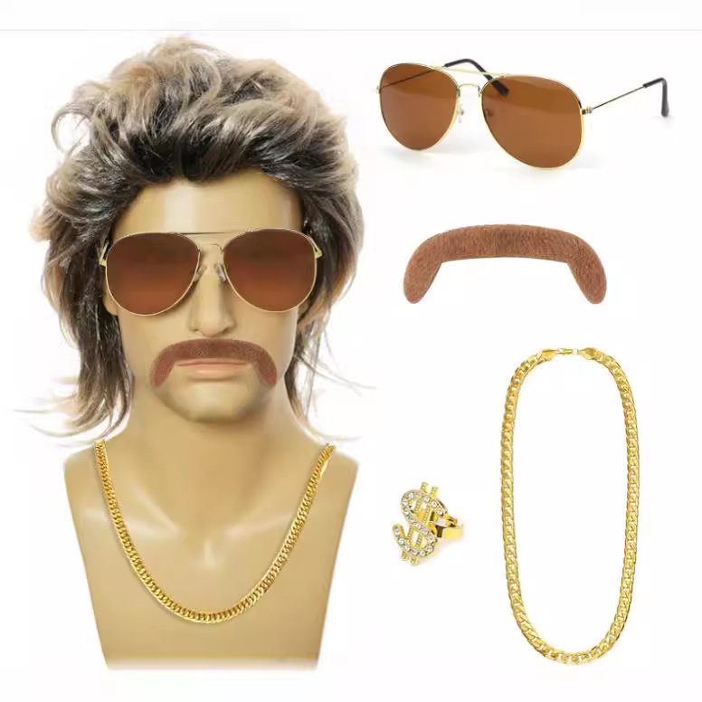 Amazonハロウィン80sパンクヘビーメタルオレンジ色ロングストレートディスコcos装饰欧米メンズかつら|undefined