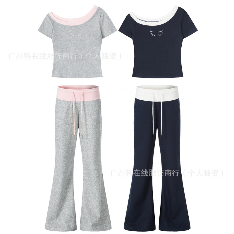 In-Stock Color-Blocked Waistband Flared Sweatpants for Women with Drawstring Design, Loose Fit, Youthful Drape, and Flared Pants with Off-Shoulder Top In-Stock Color-Blocked Waistband Flared Sweatpants for Women with Drawstring Design, Loose Fit, Youthful Drape, and Flared Pants with Off-Shoulder Top