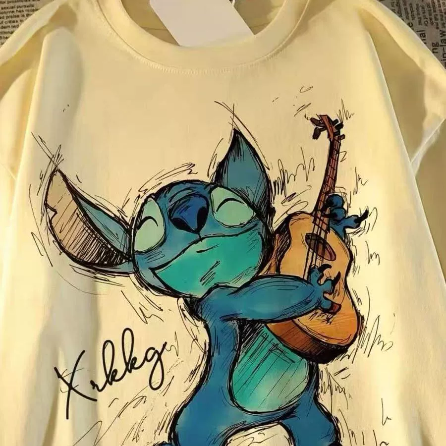 Футболка с коротким рукавом Stitch cartoon shirt 2025 лето печать свободная американская пара топы заказ шерпа