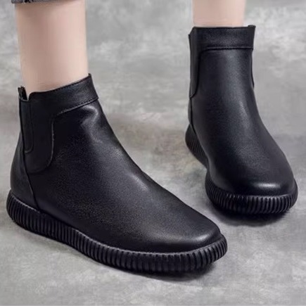 in stock Black Low Round Toe Cowhide Martin Boots Women's Leather Boots Ankle Boots Flat Heel Women's Boots