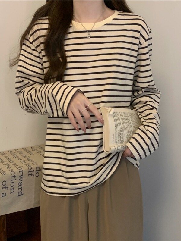 Slimming, Fashionable and Versatile Round-Neck Long-Sleeve T-Shirt for Women, 2025 Autumn New Style, Loose Striped Base Shirt, Casual Top