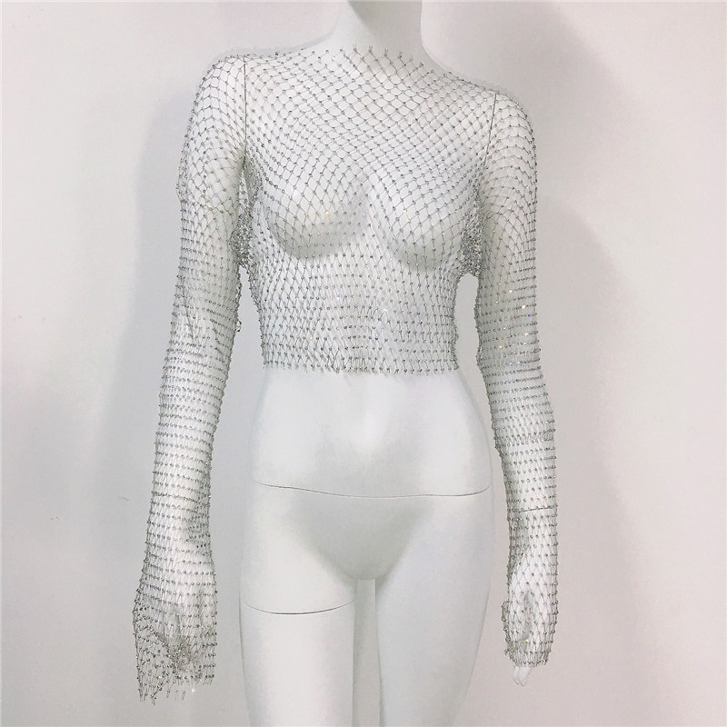 De Europa y América transfronteriza de las mujeres calientes de malla de diamantes de imitación red de pesca de manga larga Sexy Slim rhinestone Top party chica caliente de manga larga