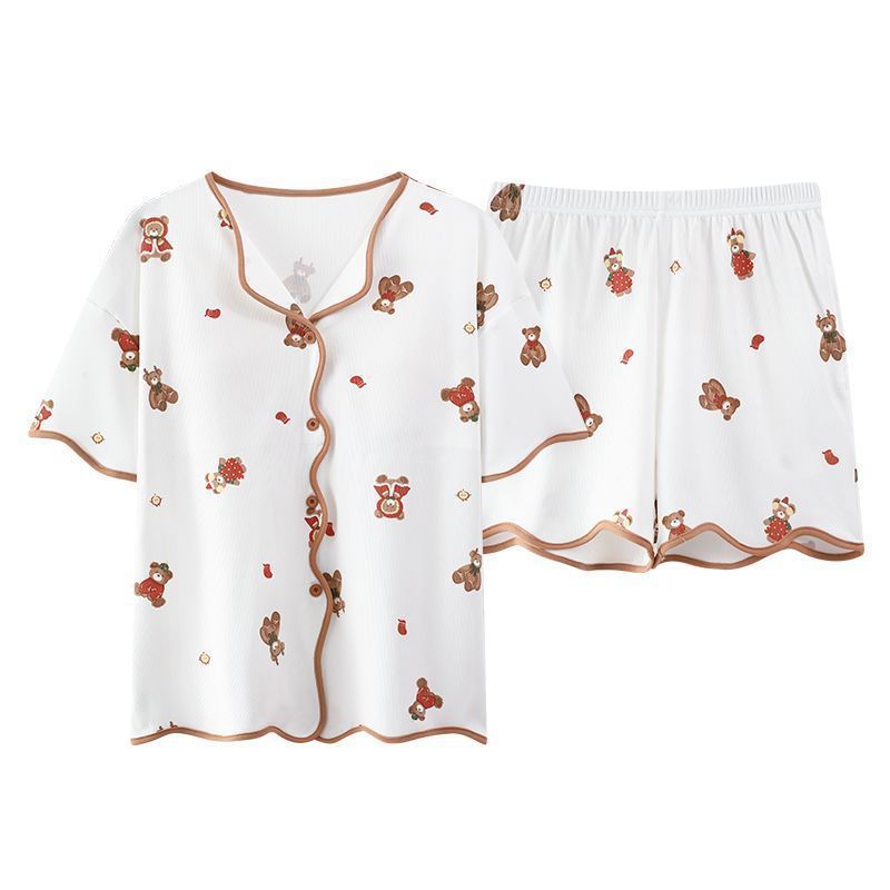 Venta al por mayor transfronteriza de pantalones cortos de manga corta pijamas de verano para mujer nueva rebeca de hilo de seda de hielo traje de servicio a domicilio delgado se puede usar afuera