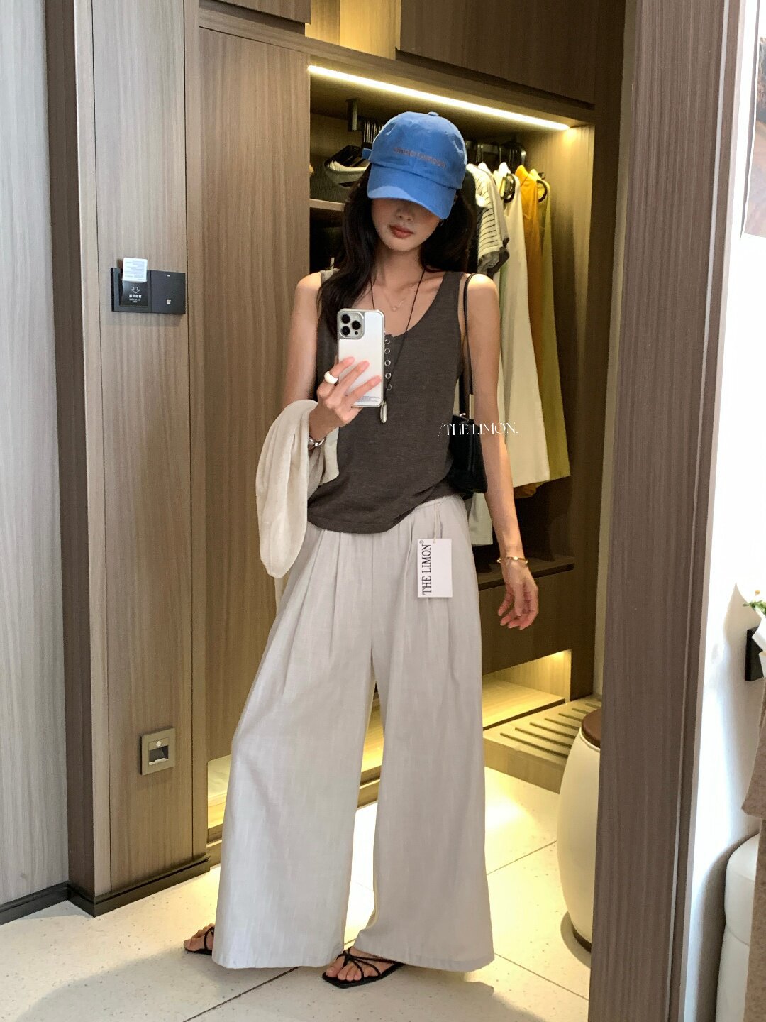 Quần ống rộng nữ vải linen phối cotton dáng suông mùa hè — Xám gạo, Xanh xám nhạt, Xanh đen, Cam bí ngô chi tiết 43