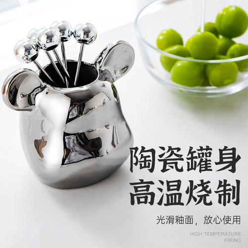 Ceramic fruit fork light luxury Nordic bear outfit stainless steel fruit fork storage tank high-looking violent bear fruit fork tank